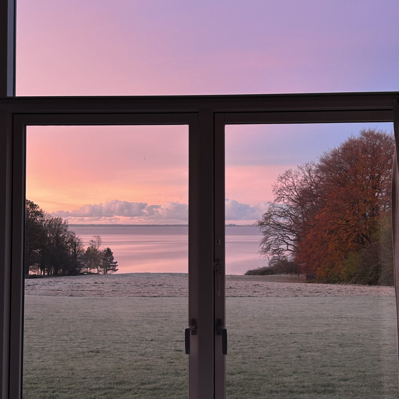 Udsigten over plænen med rimfrost til en lyserød/lilla himmel i morgengryet.