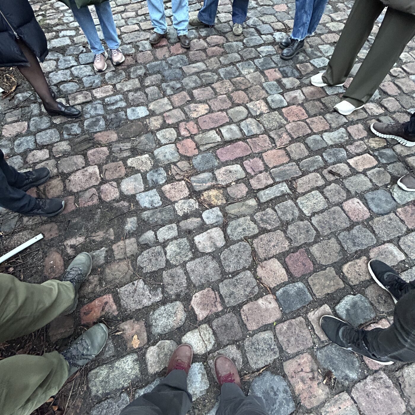 En flok mennesker står i en rundkreds på en brostensbelagt sti.